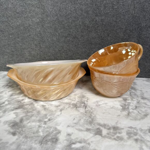 Fire King Peach Luster Vintage Teacup Small Bowls Mini Pie Lot of 4 - Picture 1 of 12